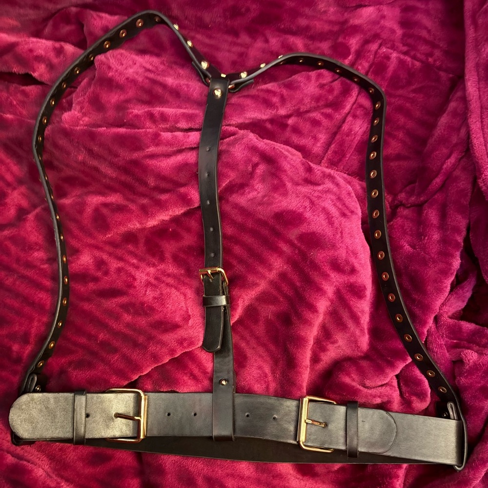 Unisex Black Leather Harness Belt with Gold Buckles